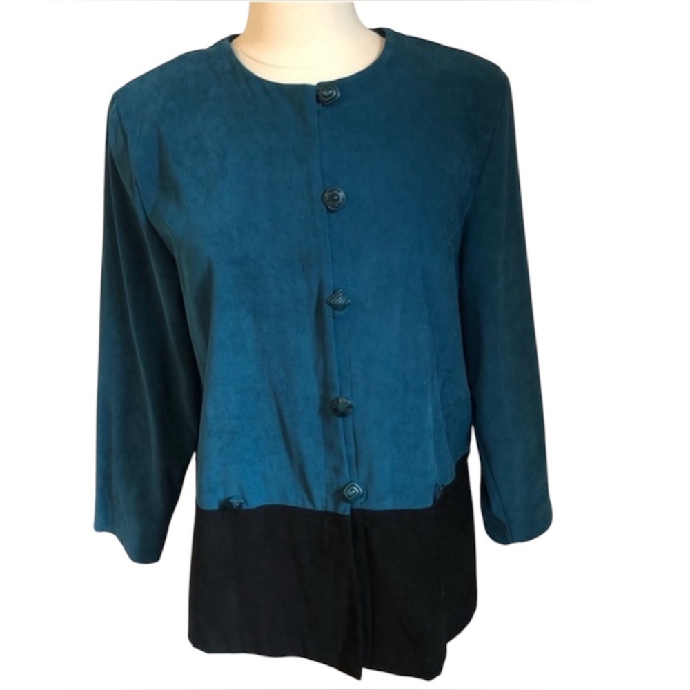 Vintage Darian blazer/blouse teal & black w/decorative button closure Size 12